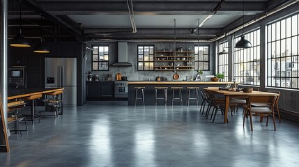 Modern industrial kitchen with large windows and minimalist design in an urban loft setting