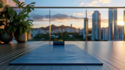 Fototapeta premium A serene yoga mat placed on a balcony with a stunning sunset view over city skyscrapers. Sunrise Stretch ,Mindful Moments
