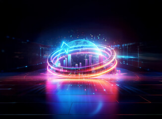 Obraz premium Futuristic neon circle pulsates with vibrant light, creating an abstract and dynamic display on a dark, geometric surface. Digital energy flows in a modern, technological style.
