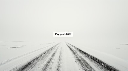 A straight snowy road leading to a vanishing point, overlaid with the motivational text Pay your debt! This minimalist artwork conveys urgency and reflection. AI generated.