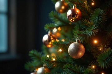 Obraz premium Luxurious tree adorned with shiny glass balls and shimmering fairy lights, winter, holiday decor, Christmas tree