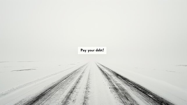A straight snowy road leading to a vanishing point, overlaid with the motivational text Pay your debt! This minimalist artwork conveys urgency and reflection. AI generated. - Powered by Adobe