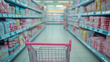 Pink shopping cart in a supermarket aisle with shelves stocked with various goods.