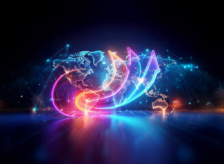 Fototapeta premium A vibrant, illuminated world map with glowing lines and arrows creates a futuristic digital network effect on a dark reflective surface.