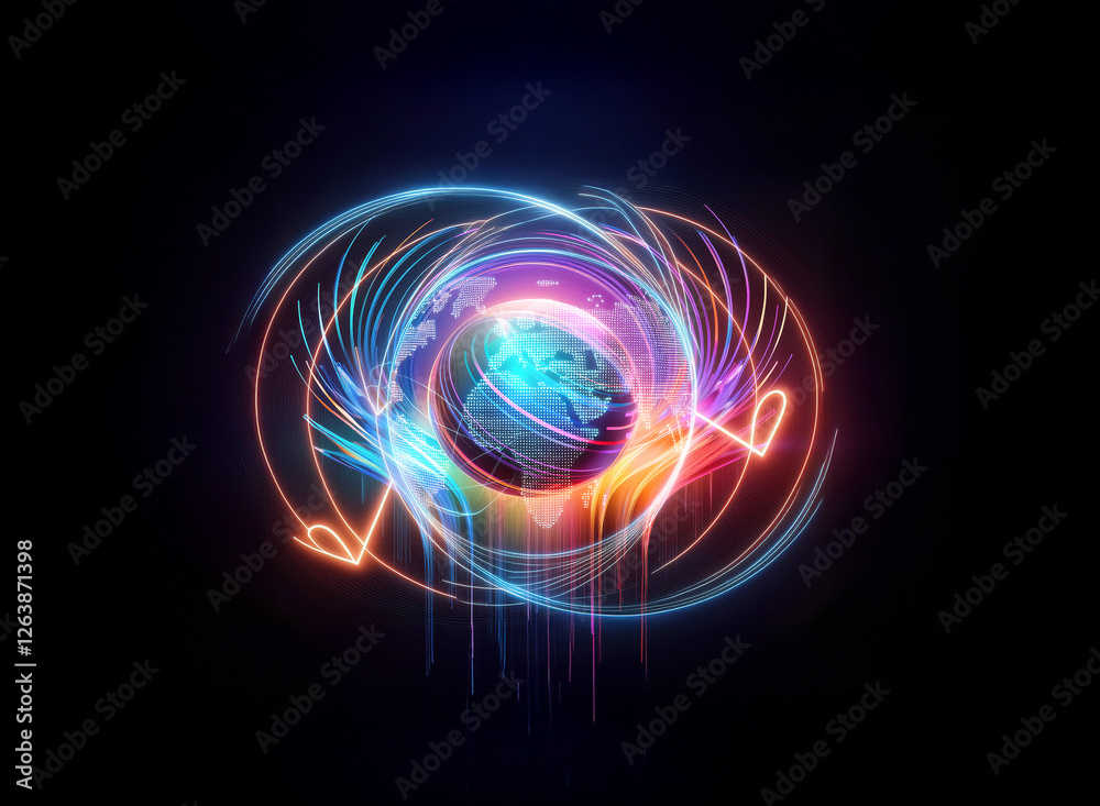 Wall mural a glowing sphere with a grid pattern surrounded by swirling colorful light trails on a dark backdrop
