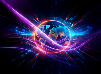 Fototapeta premium Vibrant globe encircled by dynamic purple and blue light streaks against a dark backdrop, suggesting futuristic energy and global connection.