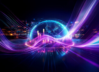Obraz premium A luminous sphere with continents is enveloped by vibrant purple and blue light trails. A futuristic and abstract representation of digital technology or energy flow.