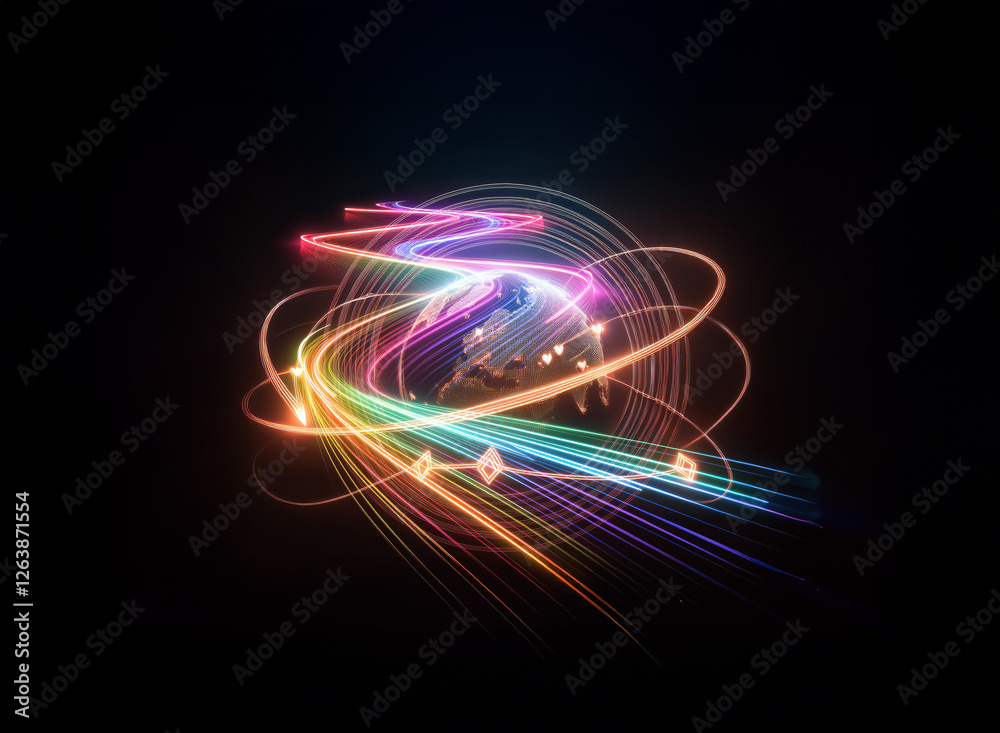 Wall mural abstract sphere encircled by vibrant light trails on a dark backdrop. a dynamic and colorful design 