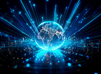 Fototapeta premium A luminous globe emits radiant blue beams, symbolizing global connectivity and technological advancement against a dark backdrop, suggesting a digital future.