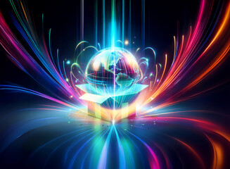 Obraz premium A vibrant globe emerges from an open box, radiating colorful light trails. Beams of energy burst upwards and outwards, creating a dynamic and futuristic digital scene.