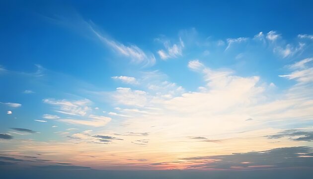Beautiful sunset sky with clouds, colors blend to create a peaceful atmosphere.