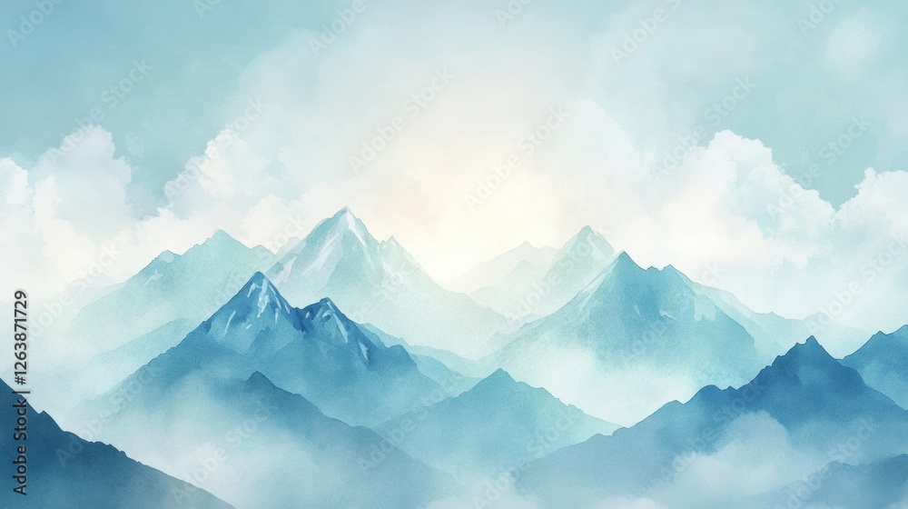 Poster majestic mountain landscape with soft clouds and a tranquil atmosphere in a blue color palette. gene