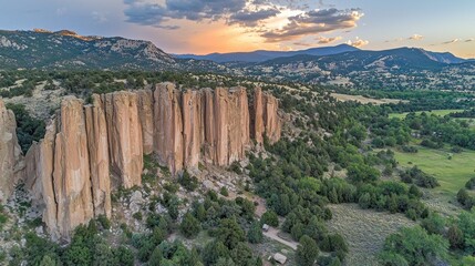 Majestic sandstone cliffs rise against a vibrant sunset backdrop