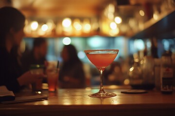 Close-up of a cocktail on a bar counter with blurred background of people socializing.