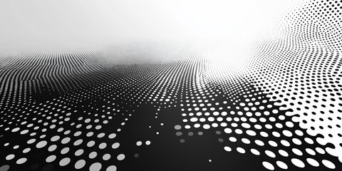Symmetrical black-and-white halftone pattern with evenly spaced dots forming precise rows, creating a captivating, detailed mosaic effect