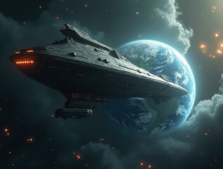 Obraz premium Alien mothership approaching earth with glowing lights