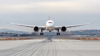 Obraz premium Airplane taking off from runway, front view.