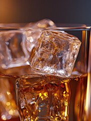 Whiskey ice cubes close-up, dark background, drink