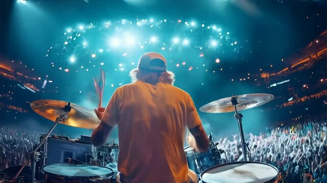 Powerful drummer performing at packed stadium stage, driving rhythmic beats with intense passion while multicolored lights illuminate energized crowd, generating electric concert atmosphere