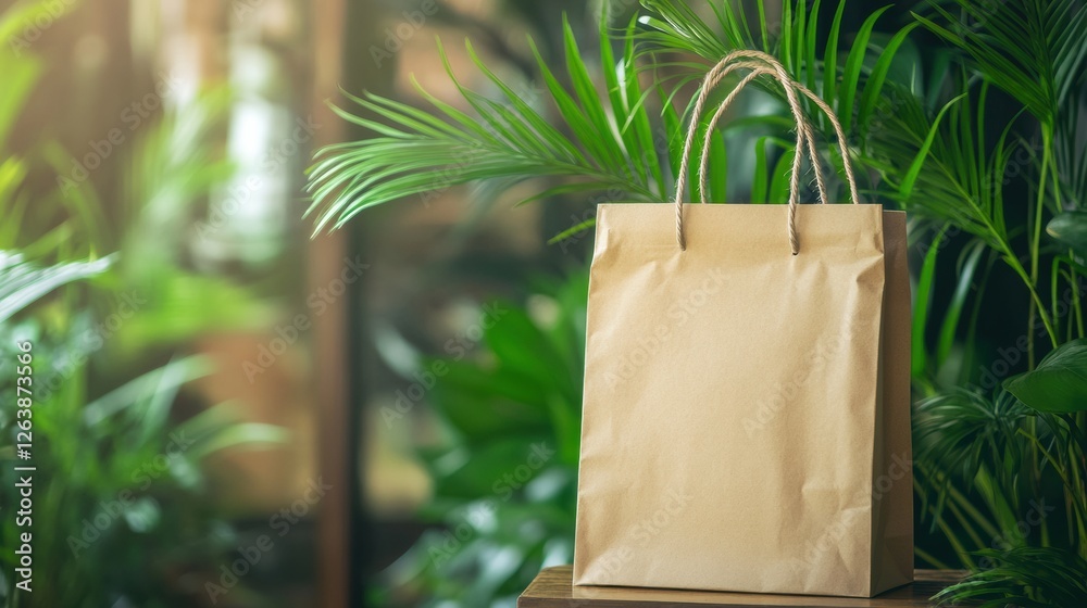 Poster Eco friendly paper bag displayed among lush green plants in a natural setting with space for custom text. Generative AI