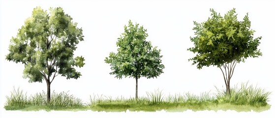 Three watercolor trees, grass, landscape design