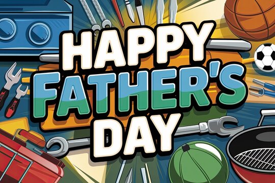 Bold "Happy Father's Day" Graphic with a Toon Style, Surrounded by Grilling Tools, Sports Balls, & a Toolbox, Pop Art Primary Colors & Bright Rays