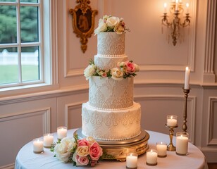 Exquisite wedding cake featuring five elegant tiers adorned with intricate lace patterns and vibrant floral accents. Highlighted by soft candlelight, this stunning cake sits atop a beautifully styled 