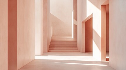 Fototapeta premium Sunlit minimalist interior staircase and hallway with peach-colored walls.