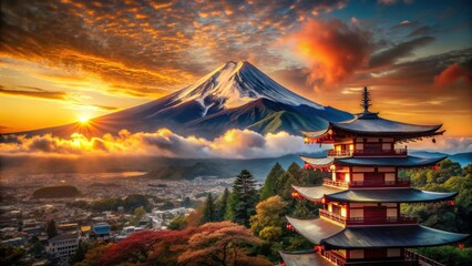 Fototapeta premium Japan's iconic Fuji: a fiery sunset, aerial shot capturing its samurai-linked red sun glory.
