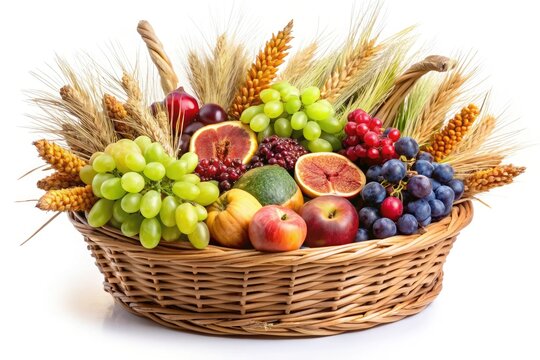 Israel's seven species beautifully arranged in a Shavuot basket; a high-resolution food photograph capturing the bounty of the land.