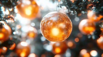 Golden orbs glow softly sunlight filters through branches creating warm festive ambiance. AI Generated