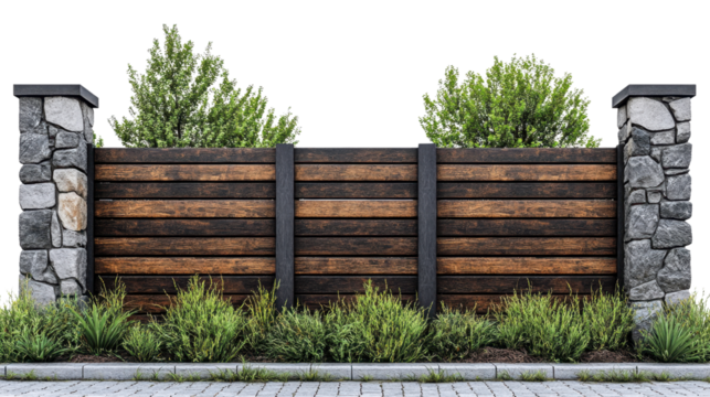Modern Wooden Fence with Stone Pillars and Green Shrubs