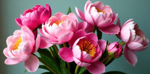 Obraz premium Colorful peonies in a loose bouquet with stems and leaves , Flowers, Botanicals, Garden