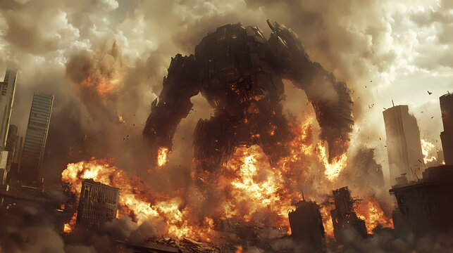 Mechanized colossus stands amid explosions, its firepower on full display in a war-torn city. Mechanical Behemoths. Illustration