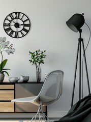 Modern minimalist home office with a black clock. a lamp. and a chair