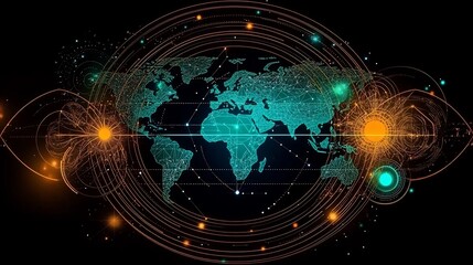 Fototapeta premium Global Network Vividly Illuminated Teal Orange Lines. AI Generated