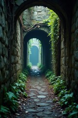 Fototapeta premium Moody abandoned alleyway with crumbling stone walls and twisted vines, ruin, mortar
