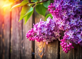 Macro photography captures spring's essence:  lilac blooms in close detail, framed by weathered wood.