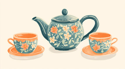 Painted Illustration of a teapot with matching tea cups