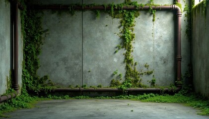 Moss-covered concrete walls with industrial pipes, gritty, urban decay, grunge metal texture