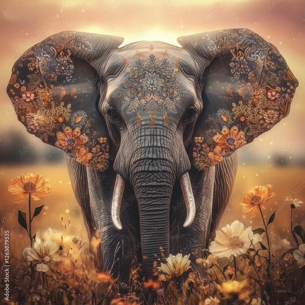 Aufkleber majestic elephant adorned with intricate floral patterns stands gracefully in a vibrant field at sun