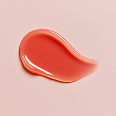 Warm red or orange lip oil, hydrating serum, shower gel, or shampoo swatch with a glossy texture on a soft pink background.