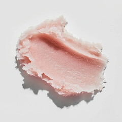 Soft pink coconut, salt or sugar scrub with a grainy, exfoliating texture on a white background.