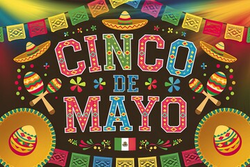 Vibrant Cinco de Mayo graphic with colorful text, sombreros, maracas and papel picado decorations on a dark brown background