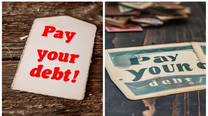 Two different Pay Your Debt signs, one on aged wood with bold red text, and another mimicking a dollar bill design, highlighting financial accountability with a creative twist. AI generated.