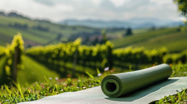 A rolled green yoga mat rests on the grass, set against a beautiful vineyard landscape with rolling hills in the background. Scenic Yoga Retreat, Nature’s Yoga Escape - Powered by Adobe