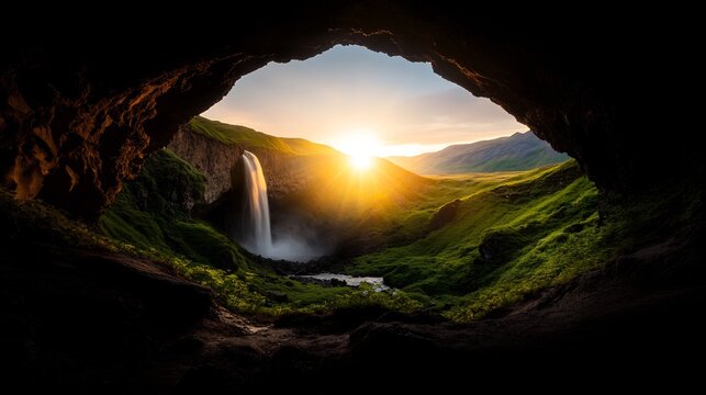 Sunrise Waterfall Framed By Cave Entrance