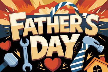 Graphic Father's Day Illustration with Cartoon Style Tools, Hearts and House, Warm Color Palette with Orange and Blue accents on a Black Background
