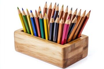 Obraz premium Colorful pencils arranged neatly in a wooden holder, showcasing a vibrant array of shades perfect for artistic projects and creative endeavors