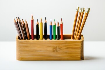 Fototapeta premium Wooden container filled with colorful pencils and pens on a clean white background, a vibrant display of artistry tools for creative projects and inspiration